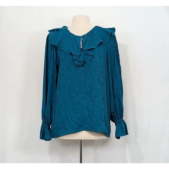 Vintage 90s Blouse Teal Green Silk Paisley Ruffle Top Shirt Misses Size M New - Picture 1 of 9